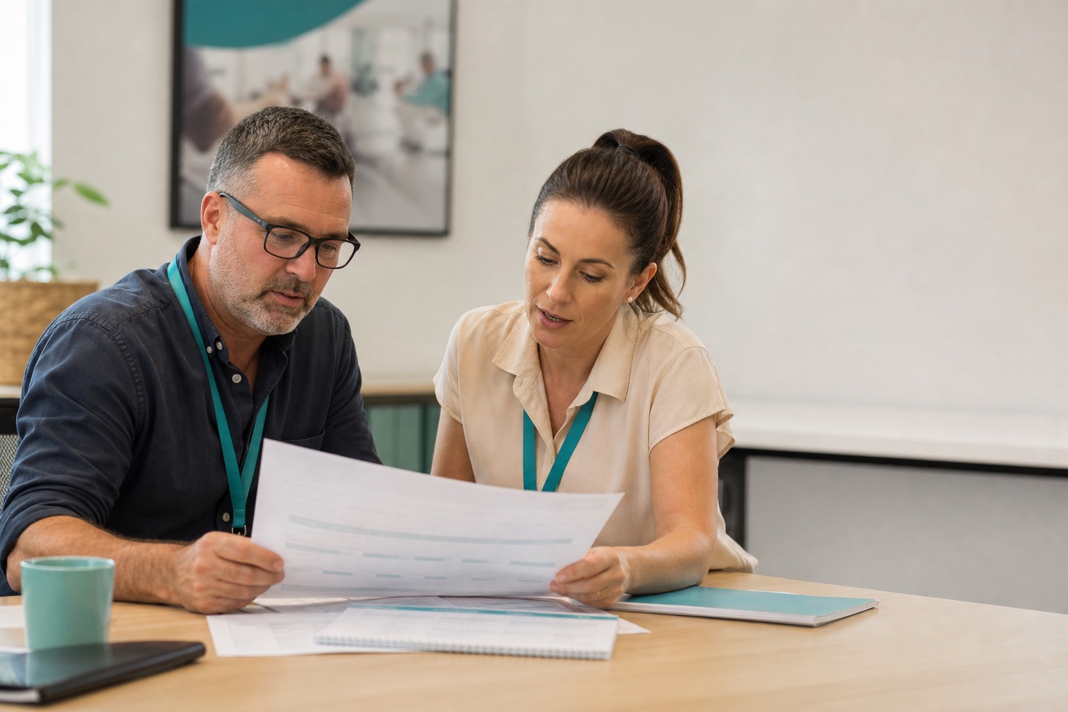 Two vocational education assessors reviewing assessment evidence together